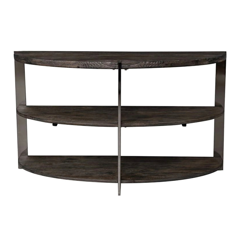 Élégante console en forme de demi-lune, 2 tablettes ouvertes, finition gris anthracite et décorations en métal pour la chambre à coucher, le salon, la table de vestibule contemporaine, gris