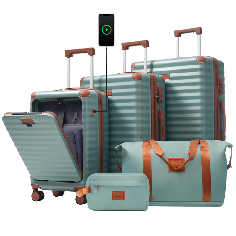 Ensembles de bagage 5 pièces avec ouverture frontale, valise de transport extensible rigide avec roulettes pivotantes, sac de rangement pour porte-gobelet et verrou USB