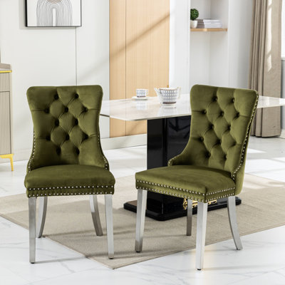 Chaise de salle à manger en velours, 2 chaises, olive, pieds en acier inoxydable chromé, ressorts, pièces rembourrées Sw1701ol, velours olive, coussin à ressorts,
