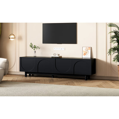 Black Media Console With Arch Doors, Solid Wood Legs And Spacious Storage Area Tv Cabinet For 78" Tvs, Elegant Doors