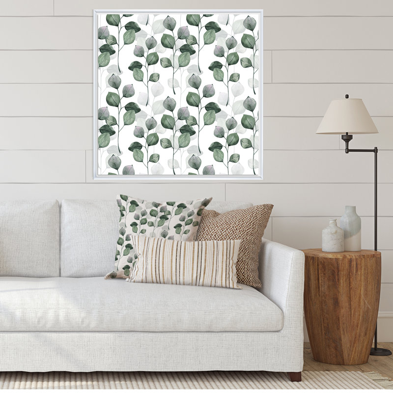 Branche d'eucalyptus sur fond blanc I - Impression sur toile, H 36 po x l 36 po x P 1 po, Cadre flottant blanc