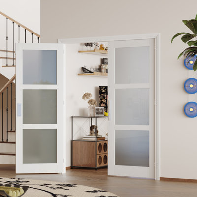 Slab Double Doors - 3 Lite Frosted Glass With White Finish, Interior Pantry Door (Handle, Latch & Pin Included, Paintable)