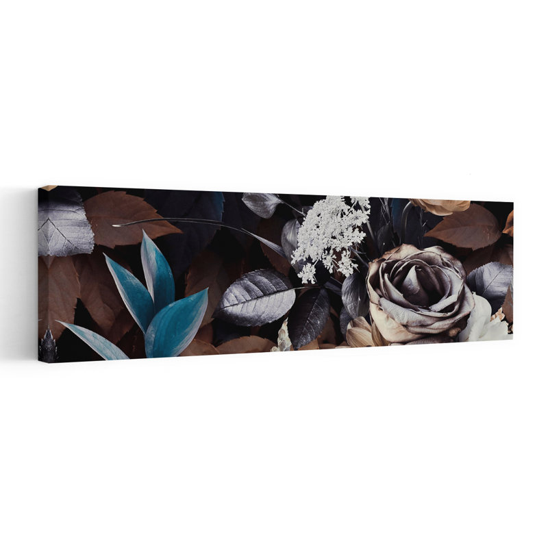 «Elegant Rose and Foliage Abstract Flower Landscape», art mural, H 16 po x l 48 po