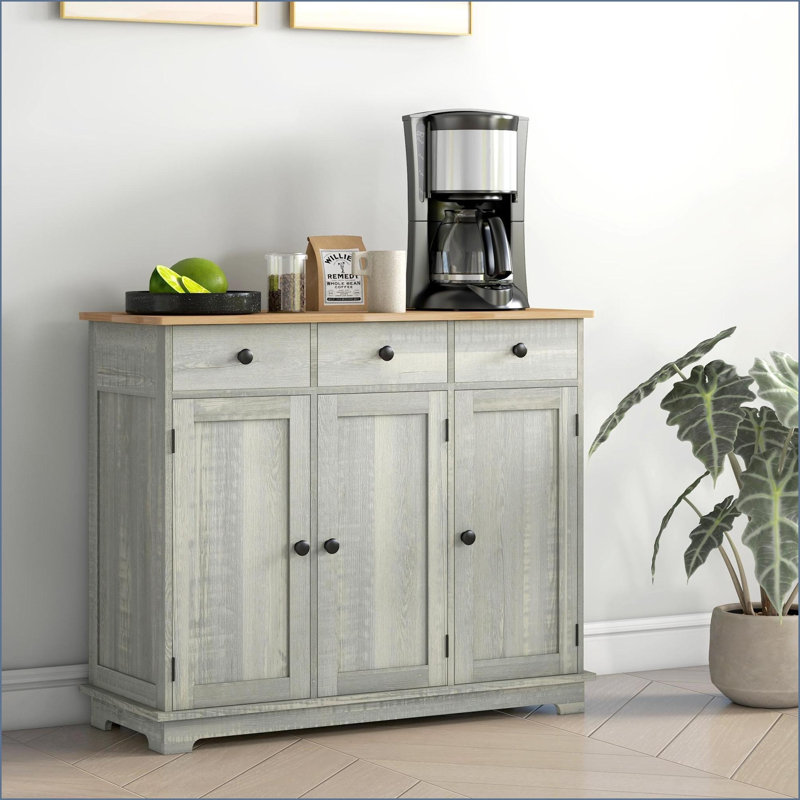 Sideboard, Modern Distressed Light Gray with Solid Rubber Wood Top, 3 Drawers &amp; Adjustable Shelf | Engineered Wood | Storage Cabinet