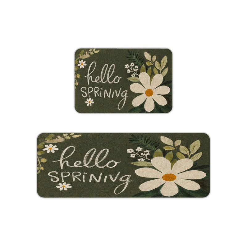 Tapis de cuisine à motif floral Hello Spring, vert et blanc, 2 pièces