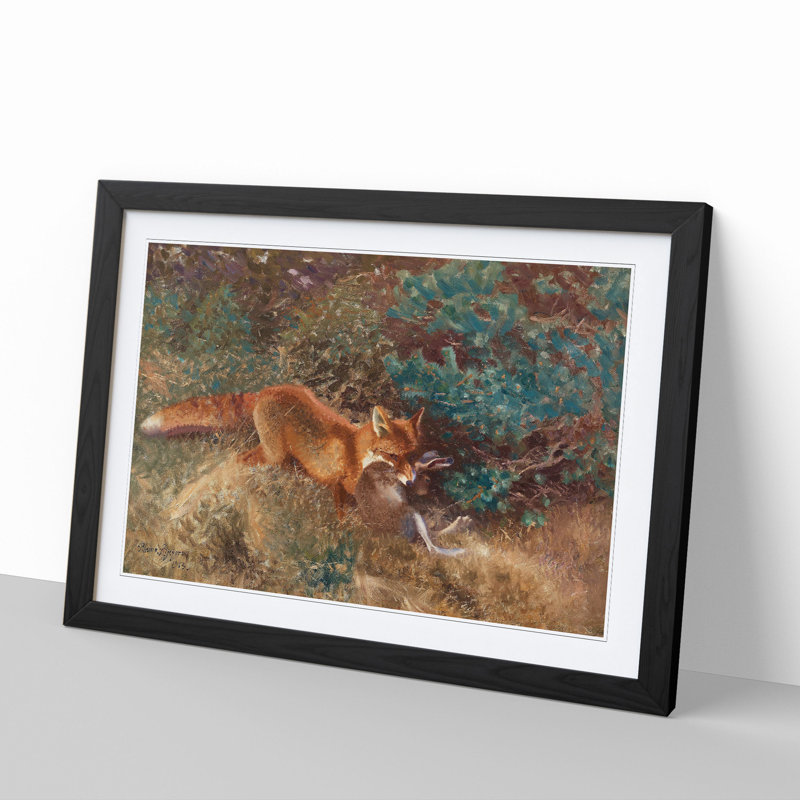 Fox with Brown Hare by Bruno Liljefors - Picture Frame Painting, 48cm H x 65cm W x 2cm D, Black Framed