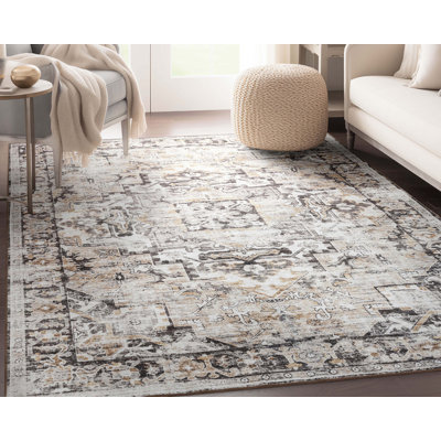 Maloy Rendezvous Vintage Medallion Beige Non-Slip Rubber Backed Washable Rug