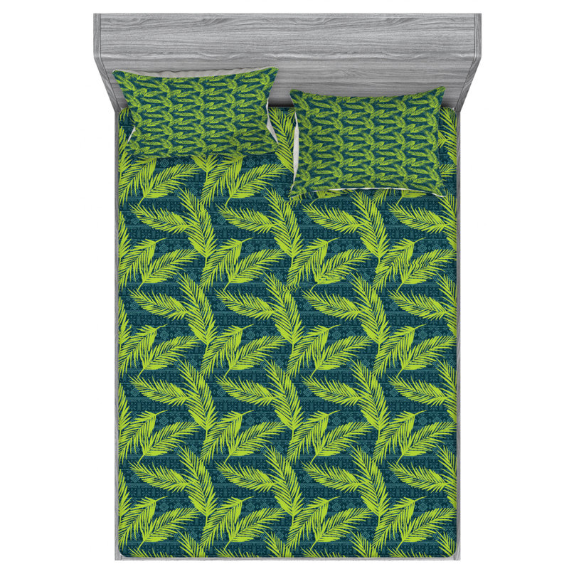 Leaves Microfiber Floral Fitted Sheet, Queen Fitted Sheet with 2 Pillowcases