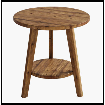 Solid Wood Round End Table, Farmhouse Sofa Side Table With Storage Shelf