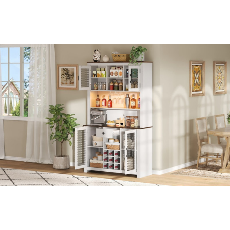 Armoire décorative avec DEL, armoire de rangement pour garde-manger avec portes et tablettes, Blanc