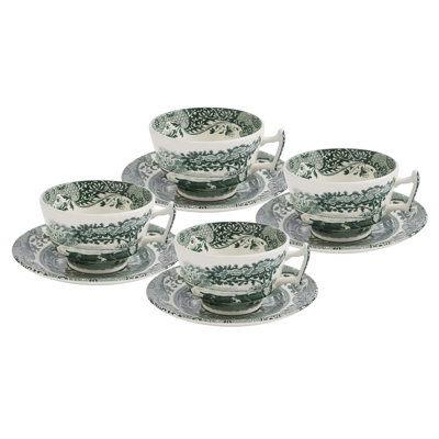Heritage Green Italian 7 Oz. Teacups & Saucers, Set of 4
