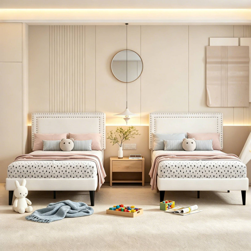 Ensemble de 2 lit plateforme simple tapissier blanc Aldora avec tête de lit réglable capitonnée, lit simple silencieux avec rangement sous le lit de 8 pouces