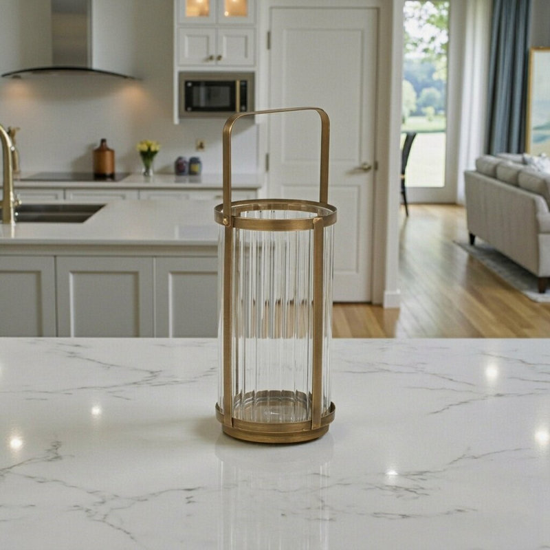 Vortial Gold Metal Banded Ridged Glass Lantern, Gold, 8.63" H x 4.75" W x 4.75" D