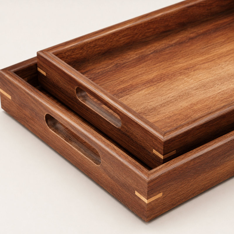 Ensemble de 2 plateaux décoratifs en bois d'acacia, plateaux rectangulaires avec poignées, ensemble de plateaux de service