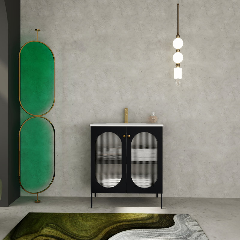 Armoire de salle de bain autoportante de 30 pouces, lavabo en céramique, structure en acier laminé à froid et style moderne avec deux portes, tablettes réglables, poignées en métal, meuble-lavabo noir avec lavabo - instrument