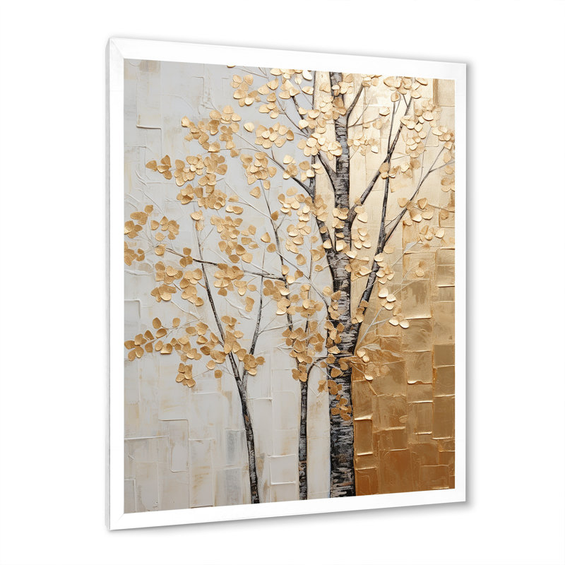 Minimalisme Golden Trees Harmony II - arbres, art mural, H 32 po x l 16 po x P 1 po, Cadre simple blanc