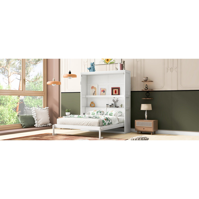 Grand lit escamotable mural avec tablettes, blanc, Grand lit, Blanc