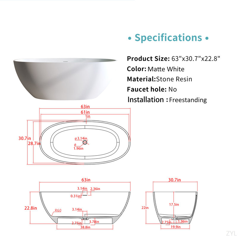 63″Solid Surface Matte Tub, Solid Surface Soaking Tub, Stone Resin Freestanding Bathtub, Thick Edge Stand Alone Tubs With Overflow, Pop-Up Drain, Matte White (Oval)