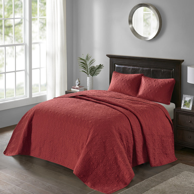 Grand couvre-lit réversible rouge en coton matelassé pour plus de richesse Doublure en coton prélavé Très grande couverture 2 taies décoratives incluses Lavable à la machine Élégance Bourre Tranquillité Bon ajustement Facile à laver