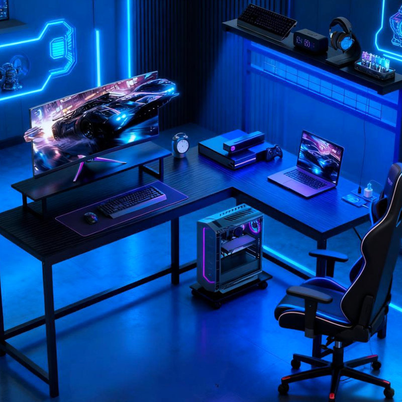 Bureau de jeu en L avec support pour moniteur et lumières à DEL, 7 modes de couleurs 17, solutions d'alimentation intégrées, bureau convertible de 85,8 po de long, support pour tablette d'ordinateur, prises de courant, éclairage