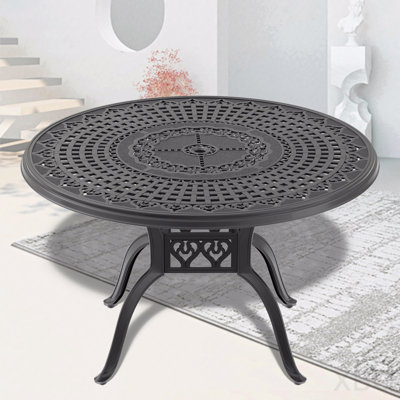 Table de salle à manger de patio en aluminium coulé de 47,24 pouces de diamètre avec cadre noir et trou pour parasol