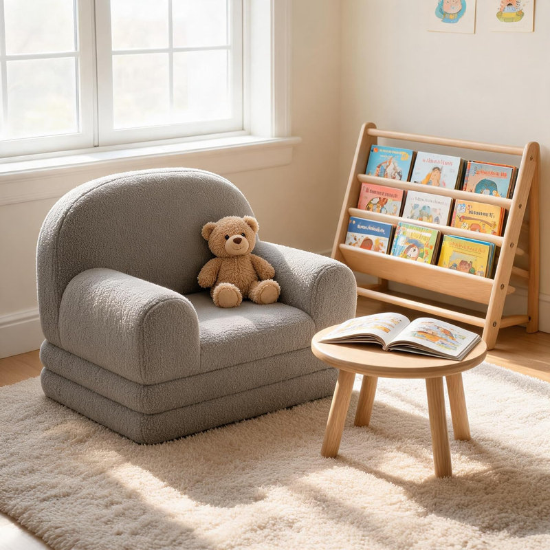 Canapé 2 en 1 pour enfants pliable avec poche, siège rembourré moelleux, Gris
