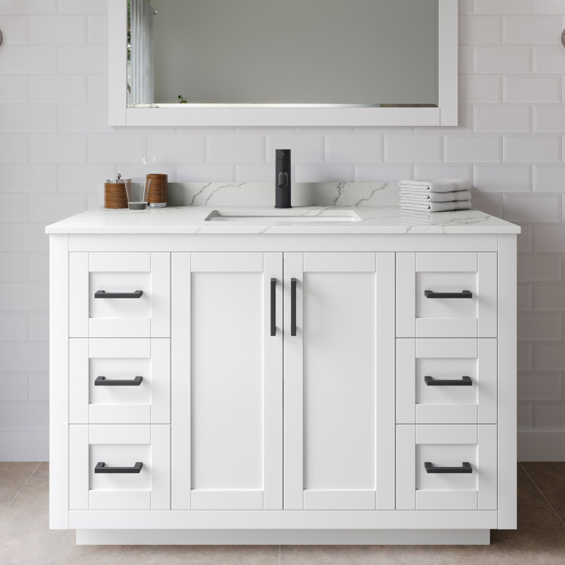 Miranda 48" Freestanding Single Bathroom Vanity with Quartz Top, Giotto Quartz, White, Matte Black