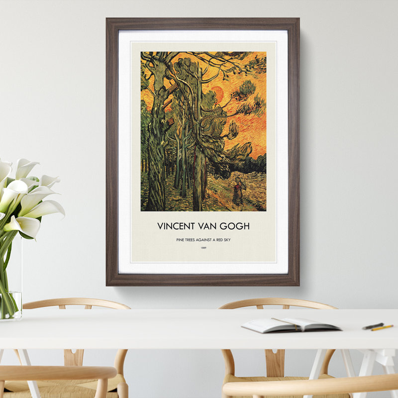 Pine Trees Against a Red Sky Print by Vincent Van Gogh - Picture Frame Painting, 48cm H x 36cm W x 2cm D, Walnut Framed