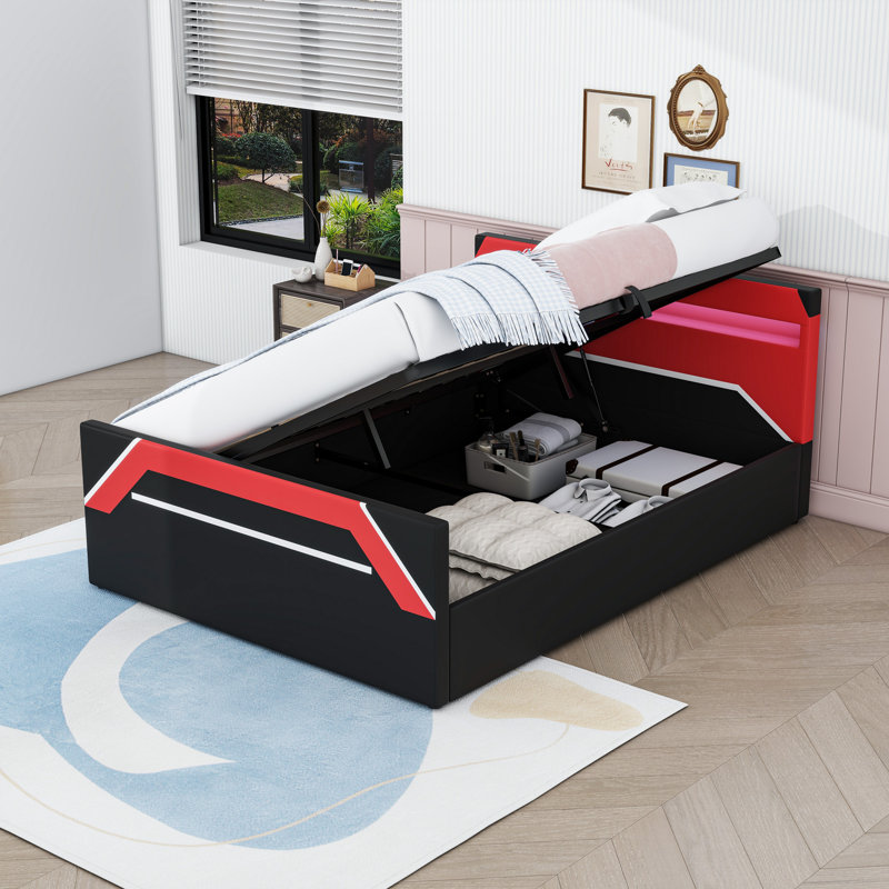 Grand lit de jeu avec rangement latéral dynamique, Noir rouge