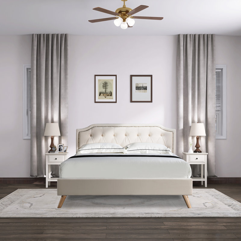Lit plateforme tapissier capitonné Dilcia, Très grand, Beige