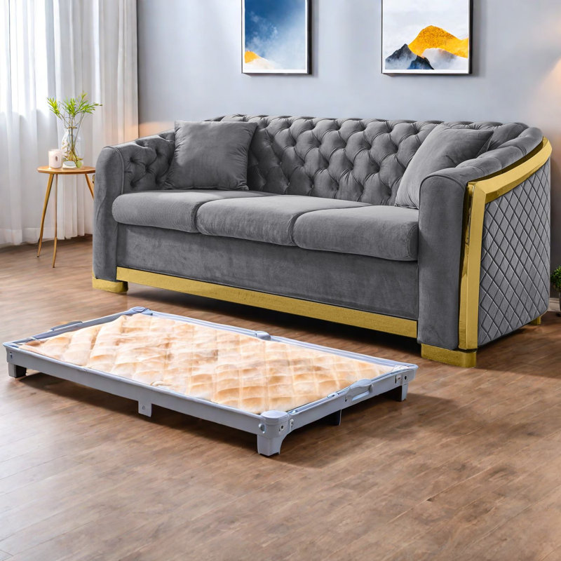 Canapé Chesterfield de luxe, salon moderne en acier et bois de velours de 81 pouces