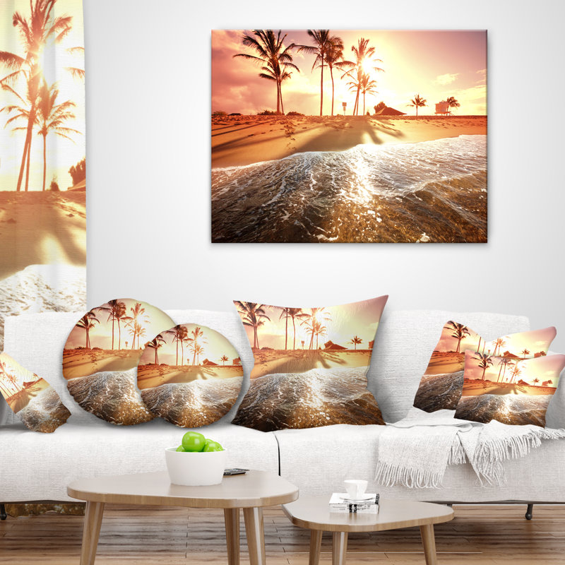 Colorful Tropical Beach with Palms - Sea & Shore Printed Throw Pillow, Square 18" x 18"