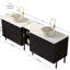 Ensemble de meuble-lavabo double autoportant 72 po avec lavabo TURIO, 2 armoires de rangement rayées 30 po + 2 tablettes ouvertes amovibles 12 po, 2 vasques rondes blanches en pierre avec comptoir Carrara