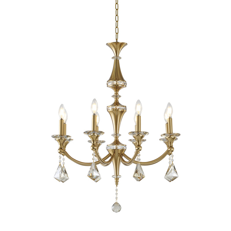 Traditional 8 Light Satin Brass Crystal Chandelier, Satin Brass, Champagne