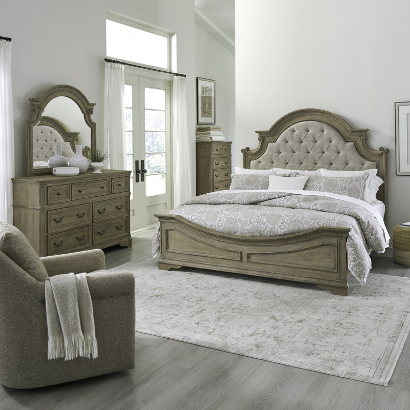 Colchester Queen Upholstered Bed, Dresser & Mirror, Chest Bedroom Set, Queen, Brown