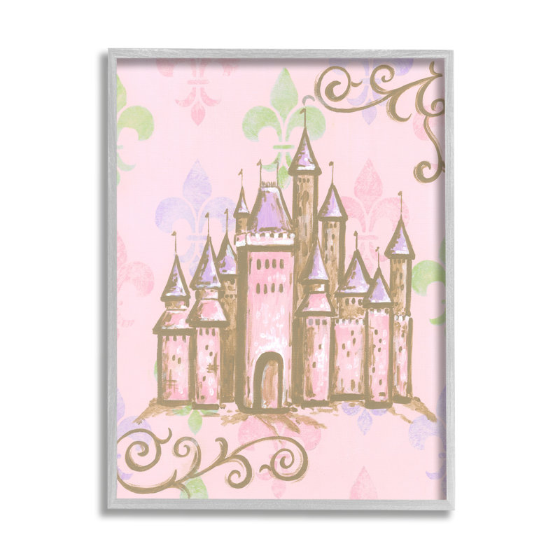 Château avec fleur de lis sur fond rose, Estampe numérique Farmhouse, H 20 po x l 16 po