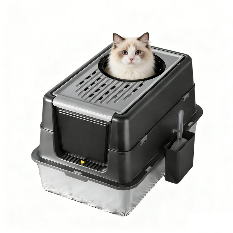 Bac à litière pour chat en acier inoxydable XL avec couvercle rabattable à 180 °, très grande boîte en métal pour grands chats de 60 L, 60 x 40 x 38,5 cm, bac à litière fermé haut, non collant, avec pelle à litière, noir profond