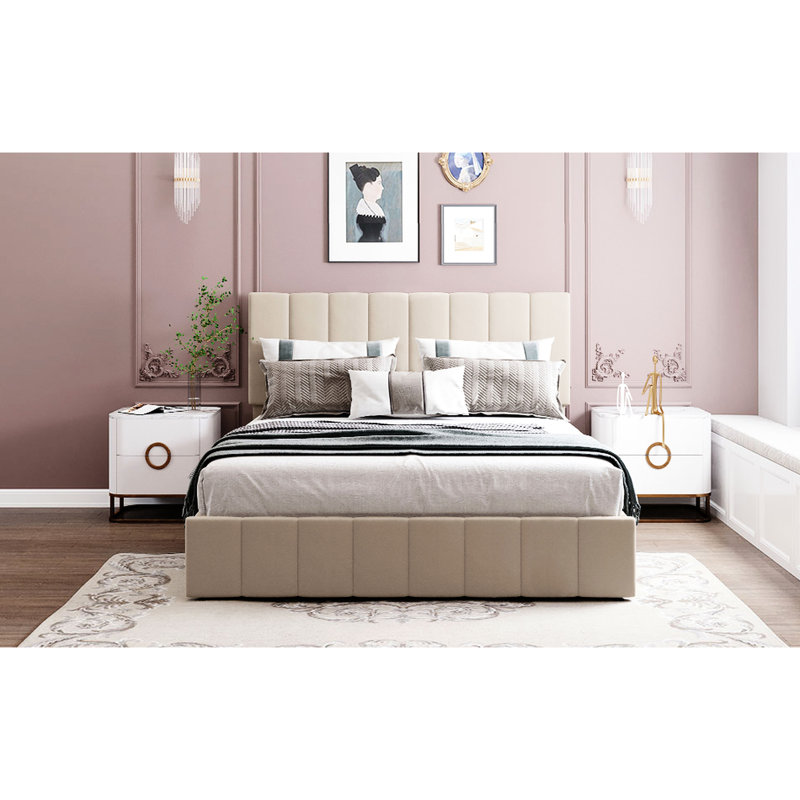 Lit plateforme tapissier avec rangement hydraulique beige - Options pratiques pour grand lit, Beige, Grand lit