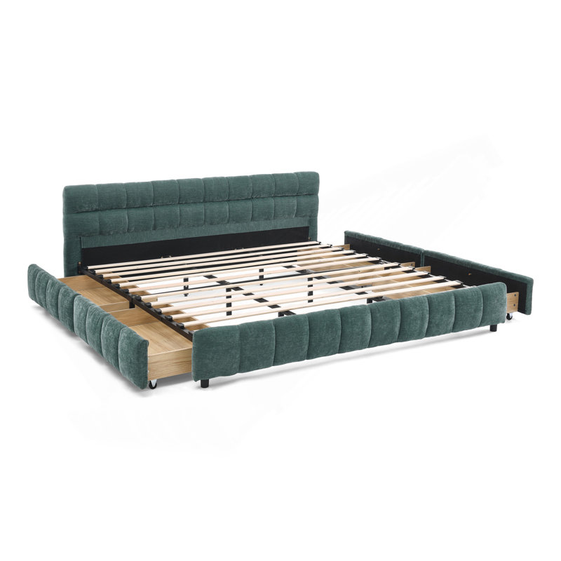 California King Size Upholstered Bed ,Comfortable Upholstered Bed Frame, Chenille Fabric, With Headboard And  Bed Frame. With Drawer For Storage.-Blue Green