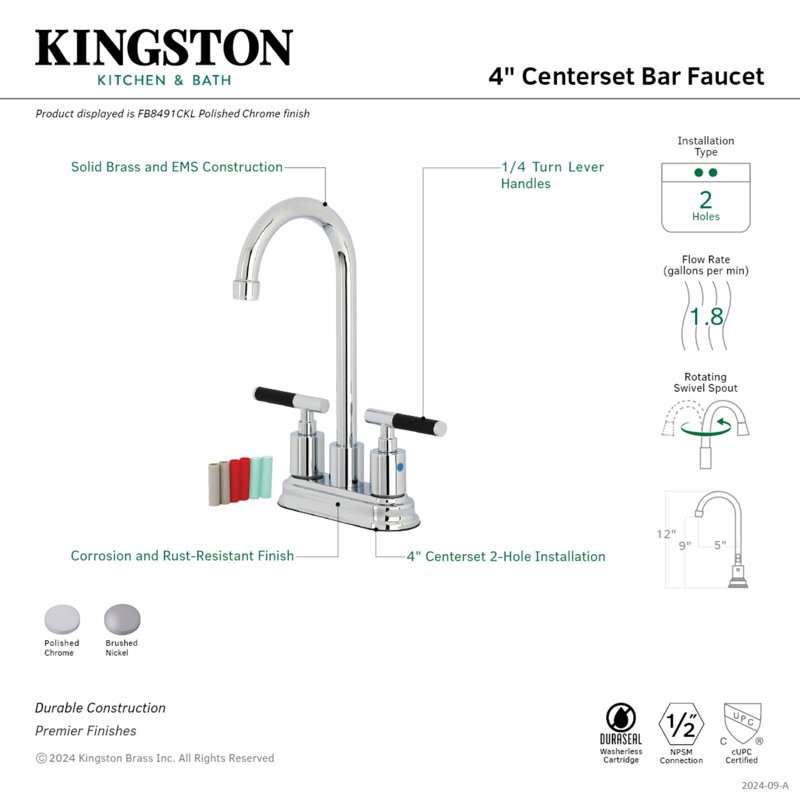 Kingston Brass Kaiser Two-Handle 2-Hole Deck Mount Bar Faucet, Polished Chrome