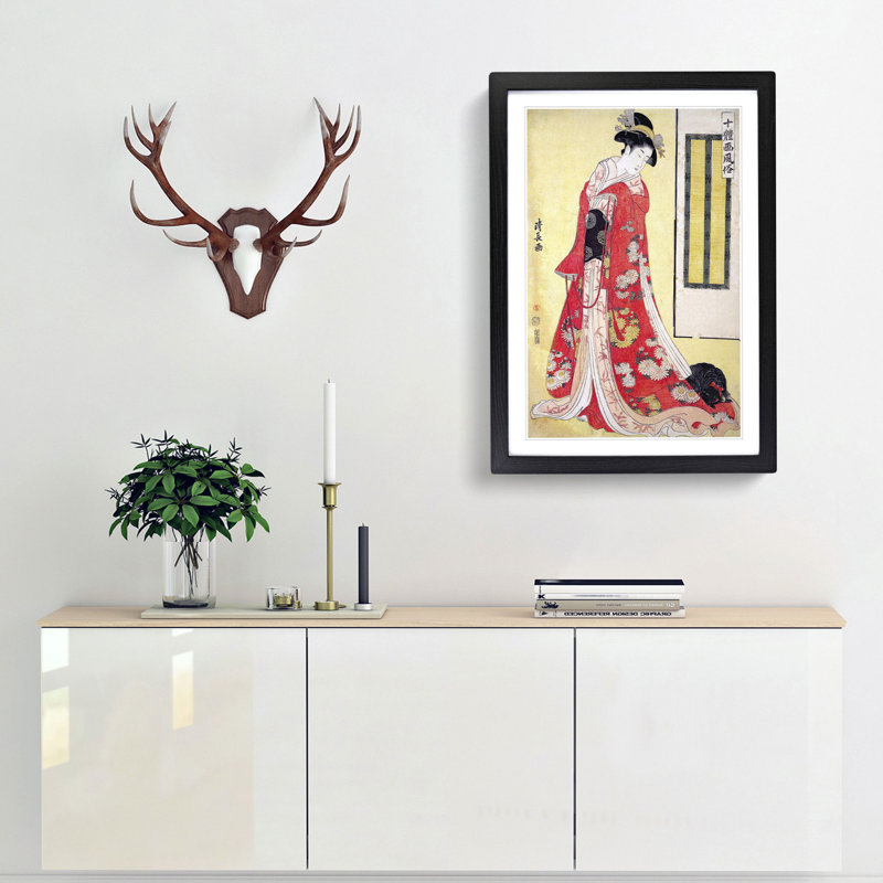 Young Woman with a Dog by Torii Kiyonaga - Picture Frame Art Print, 48cm H x 36cm W x 2cm D, Black Framed
