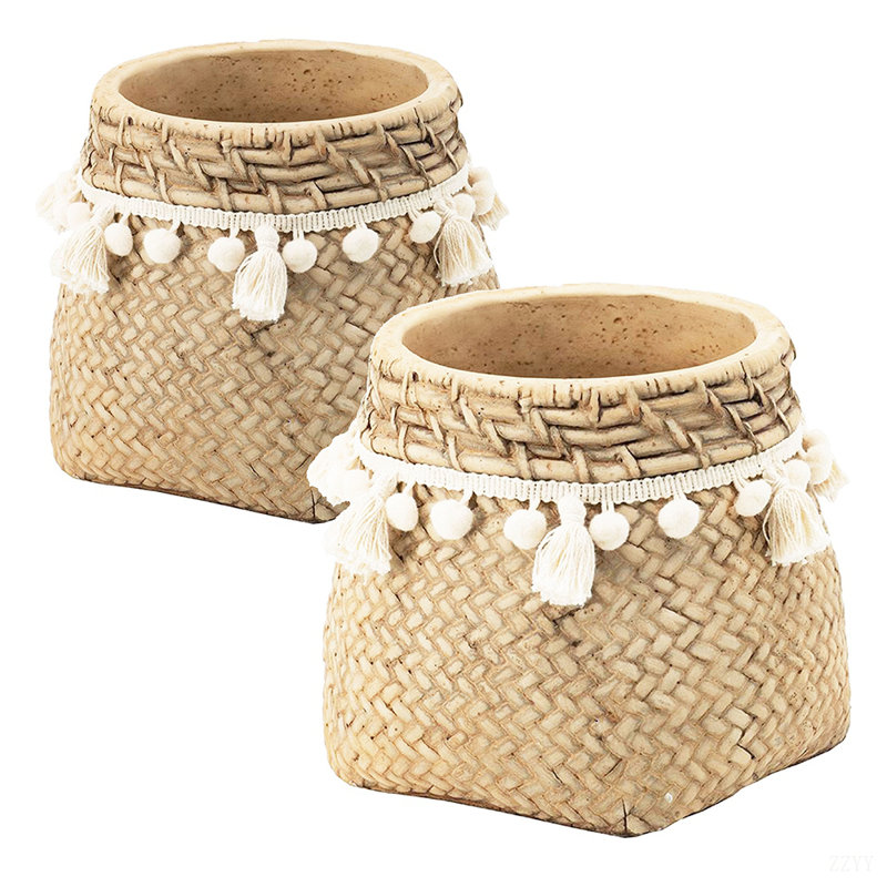 Set Of 2 6.5X6.5X6" Brown Cement Planter With Woven Tassel Accent