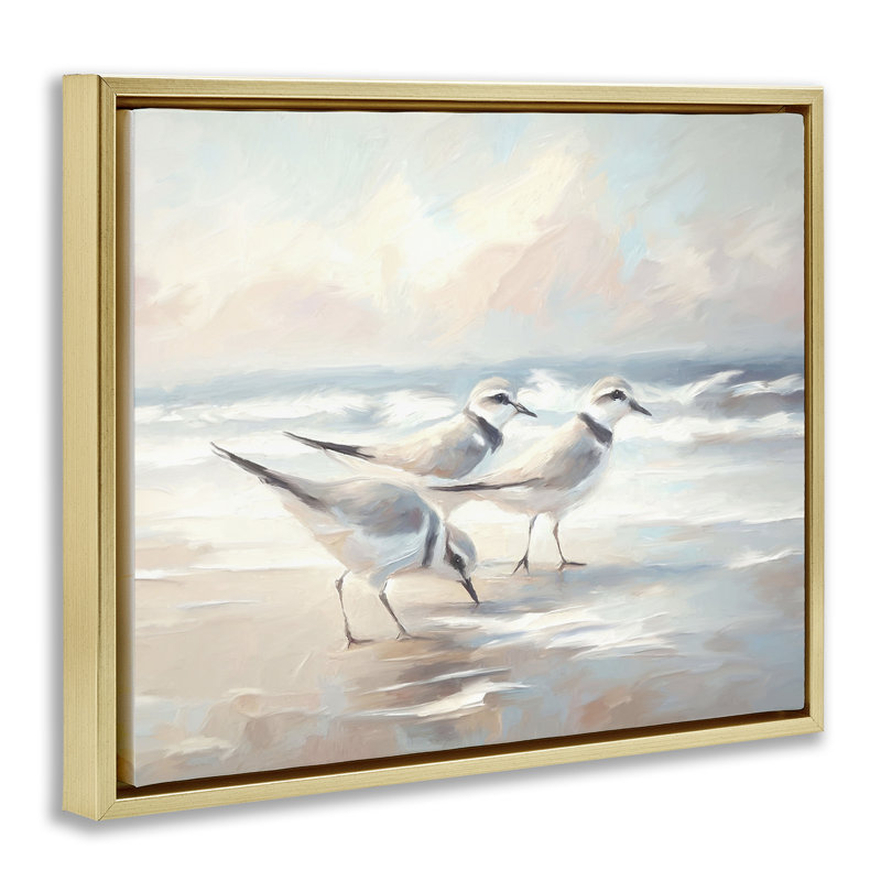 Cadre flottant Sandpipers Under Warm Beach Sun, design par Ramona Murdock, H 17 po x l 21 po, Cadre flottant métallique doré