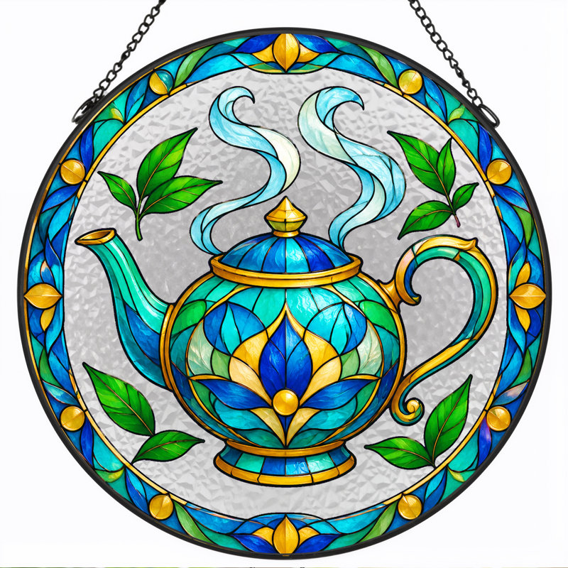 Art mural sur toile bleu et doré avec vitrail vert, H 7,8 po