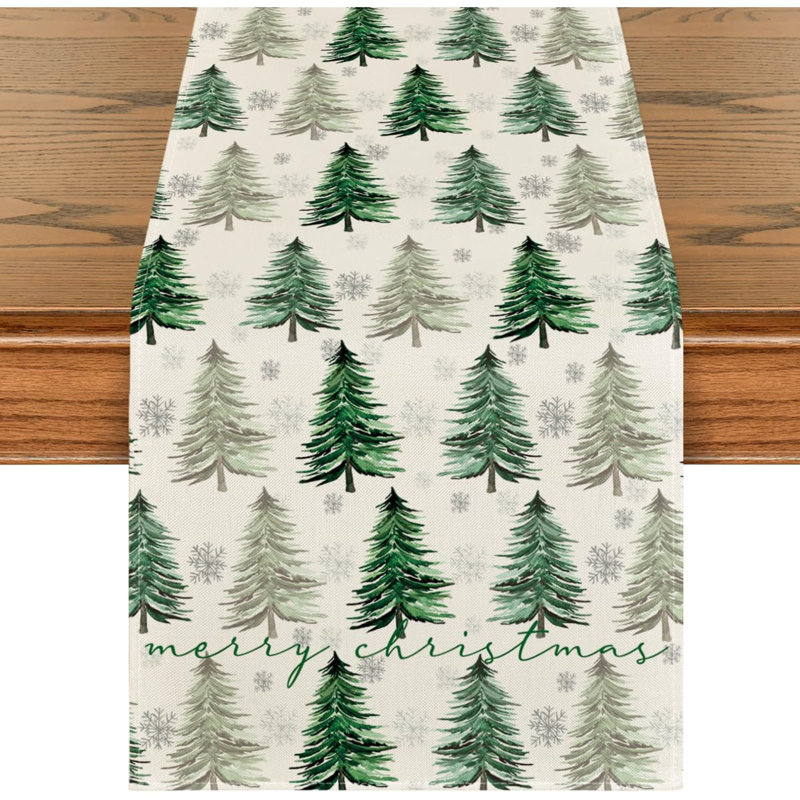 Xmas Tree Christmas Table Runner, Seasonal Winter Kitchen Dining Table Decoration For Home Party Decor, 90" x 13", Green