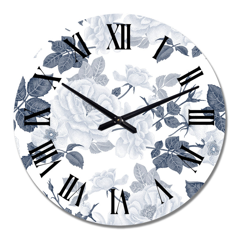 Horloge murale à motif de roses blanches aux nuances de gris I, Grand