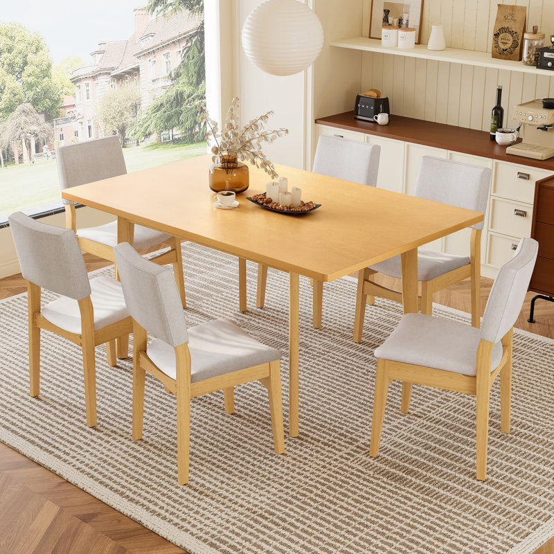 Ensemble de table de salle à manger 7 pièces, comprenant 6 chaises rembourrées et une table de salle à manger en bois massif