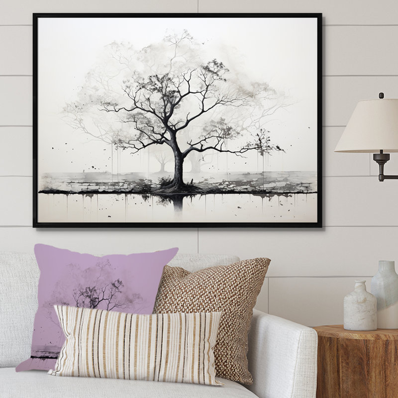 " Grey Minimalism Baobab Tree I ", Black Floater Frame, 24" H x 32" W x 1" D