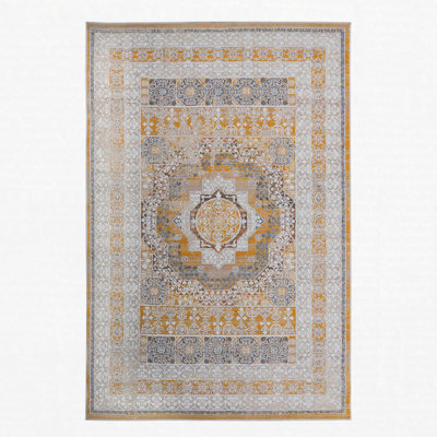 Runner Rug Synthetic Fiber Stain Resistant Non-Shedding Medallion Cream Ivory Medium Pile 2' x 8'