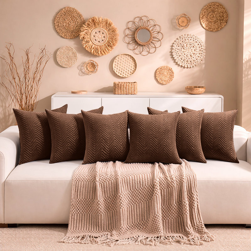 Aspire Homeware Embossed Square Velvet Cushion Cover, Coffee, Pack of 6